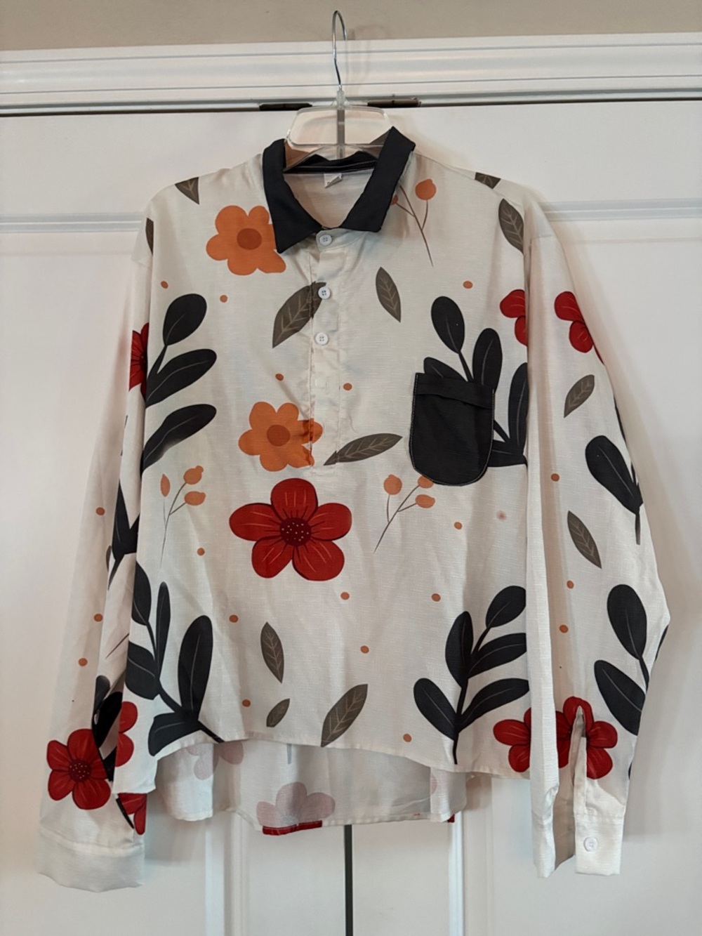 Cream Floral Button Pullover with Black Collar and Pocket